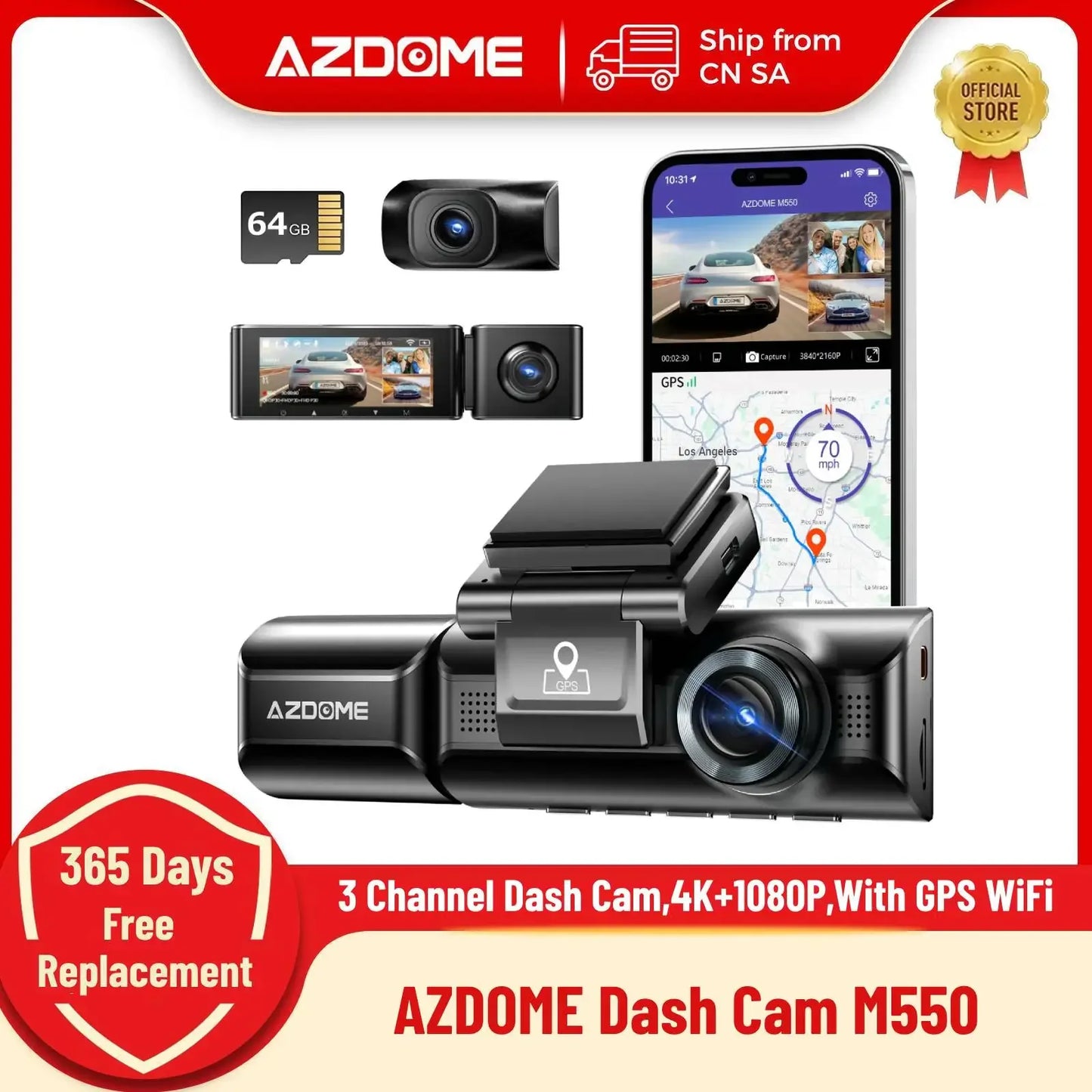 4K+1080P Dashcam AZDOME M550